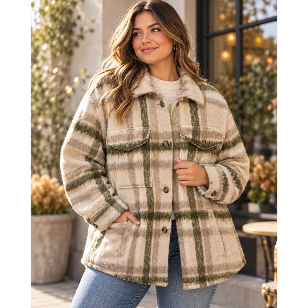 American Eagle Plaid Oversized Shacket Sz XL Brown Curved Hem Lined Shirt Jacket